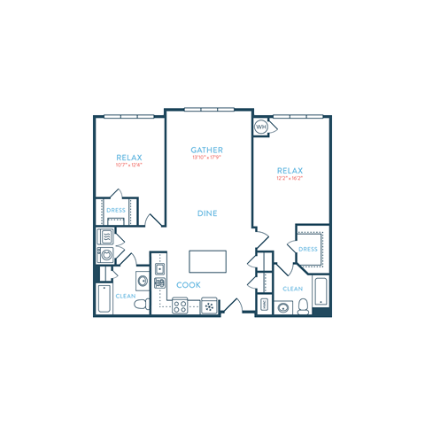 Floor plan for 2 beds, 2 baths, 1121 sqft